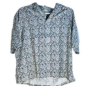 YoungLA Shirt Mens XL Cream‎ Mosaic Print Camp Collar Short Sleeve Button Down